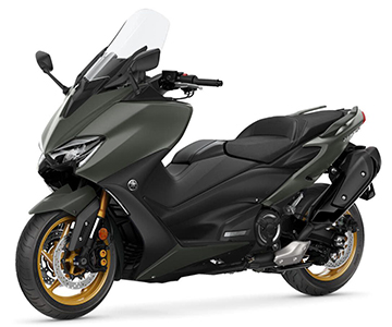 Black Yamaha T Max maxi-scooter in side three-quarter view